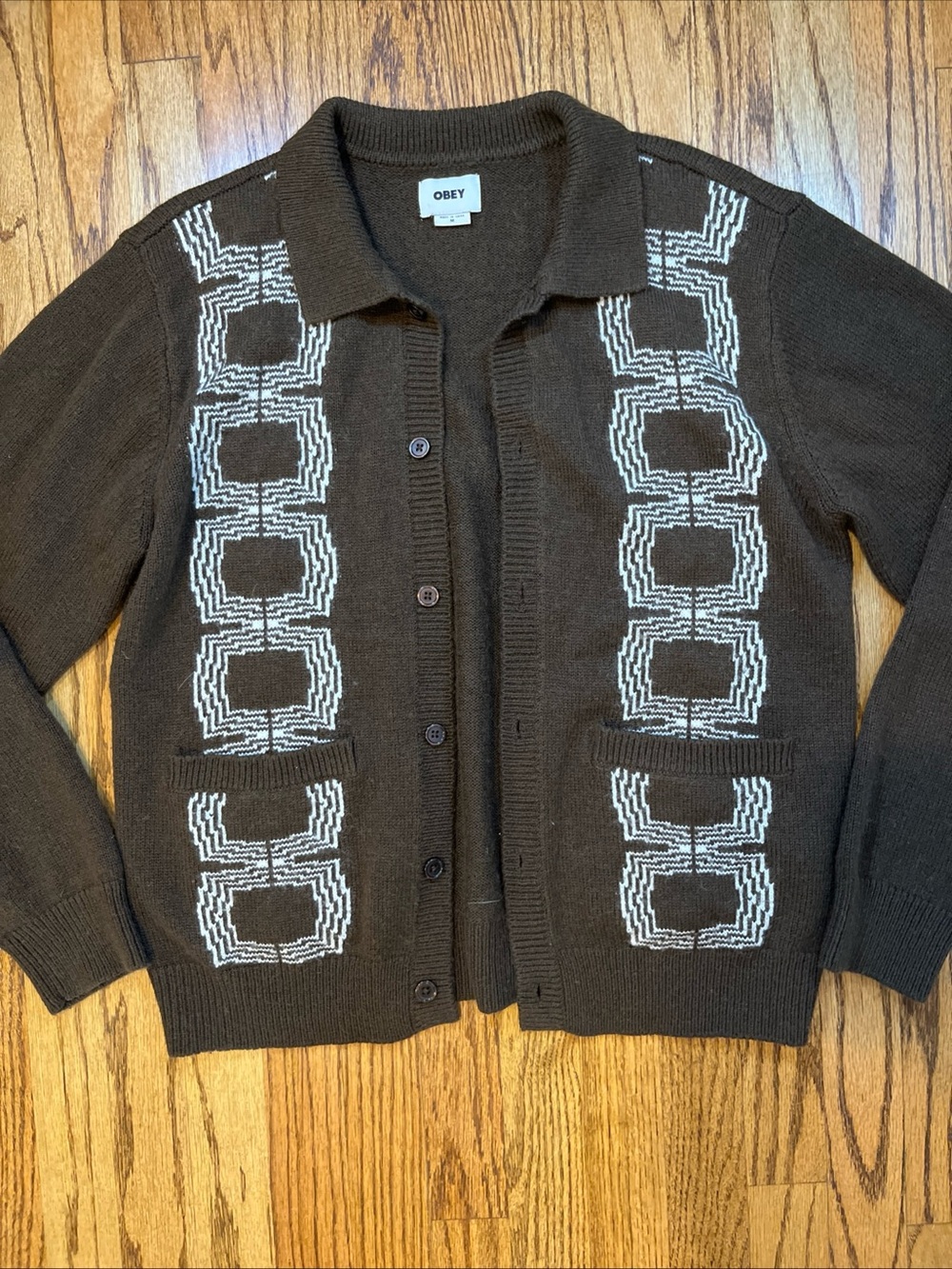 Obey Men's Button Up Cardigan Sweater Verdugo Brown M Grandpa Mod Skater Grunge